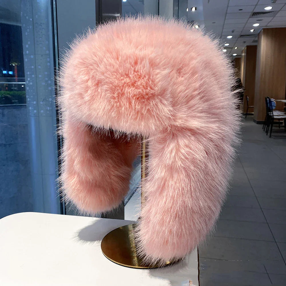 Women's blue faux fur plush winter hat cozy foldable design for cycling and skiing outdoors