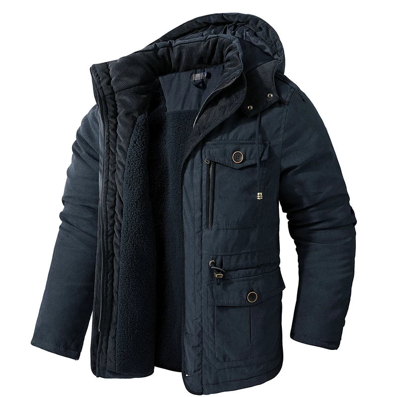 Men's windproof fleece-lined parka with detachable hood, cotton shell winter coat in classic style