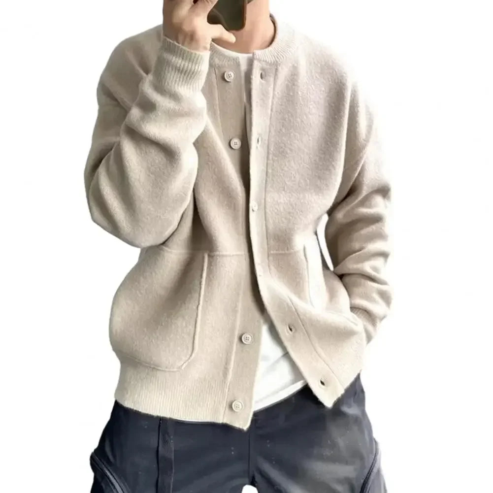 Men's relaxed fit crew neck knit sweater coat in warm tones with cozy acrylic fabric