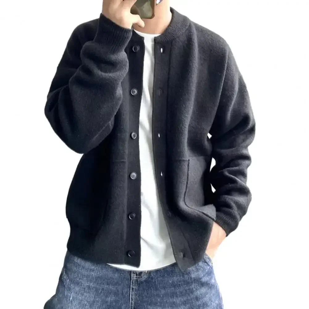 Men's relaxed fit crew neck knit pullover sweater coat in warm neutral tones, cozy acrylic blend