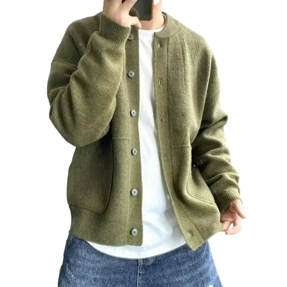 Men's relaxed fit crew neck knit pullover sweater coat in warm tones with cozy acrylic fabric