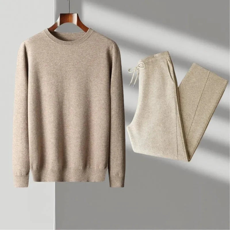 Heather gray merino wool lounge set with crew neck sweater and relaxed jogger pants for travelers
