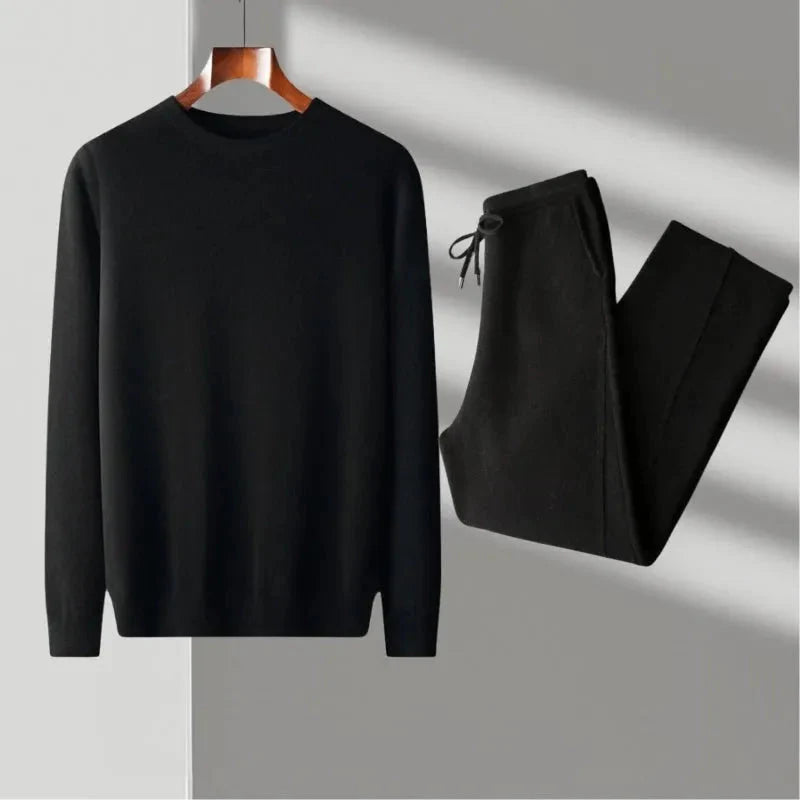 Heather gray merino wool lounge set with crew neck sweater and relaxed jogger pants for travelers