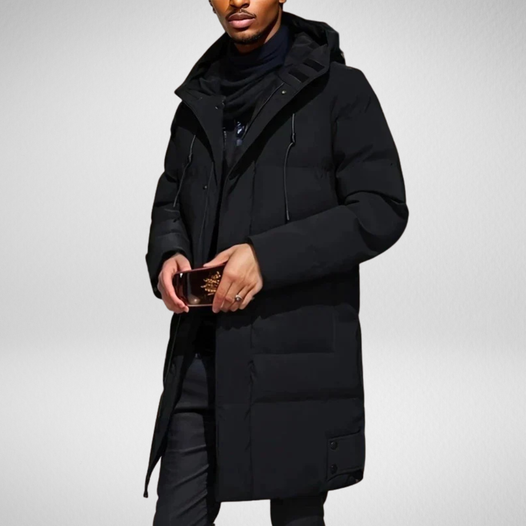 Men's waterproof dark winter parka long padded jacket with insulated lining for cold weather