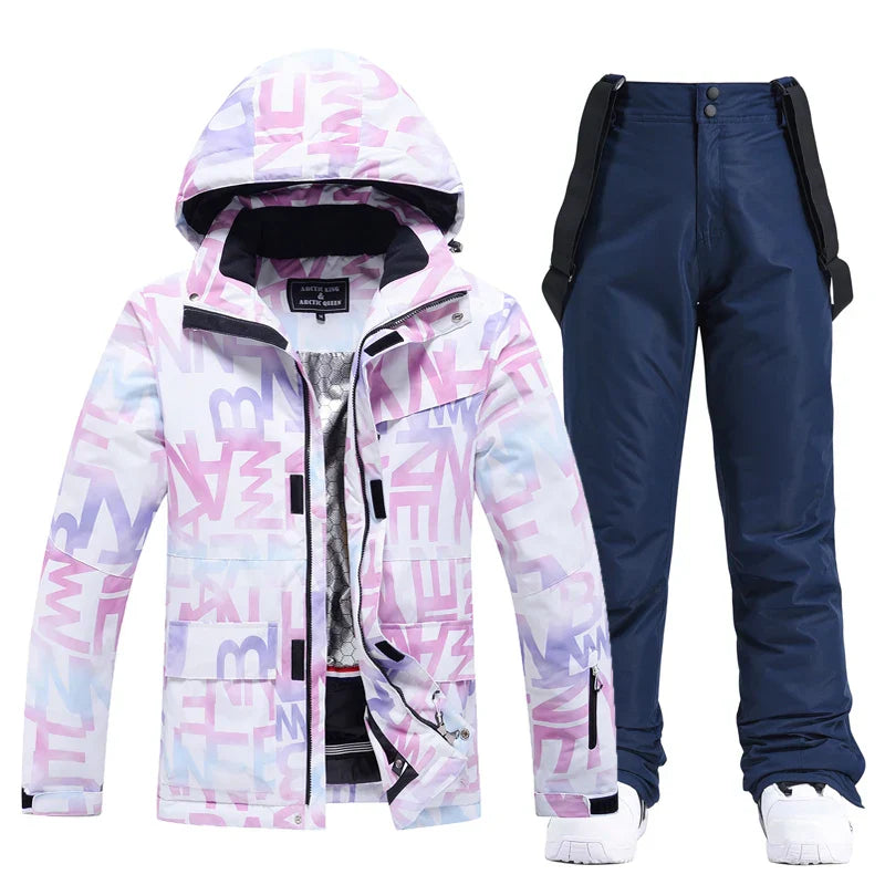 Women's waterproof ski suit set in sleek winter colorway, breathable snow-ready jacket and pants combo