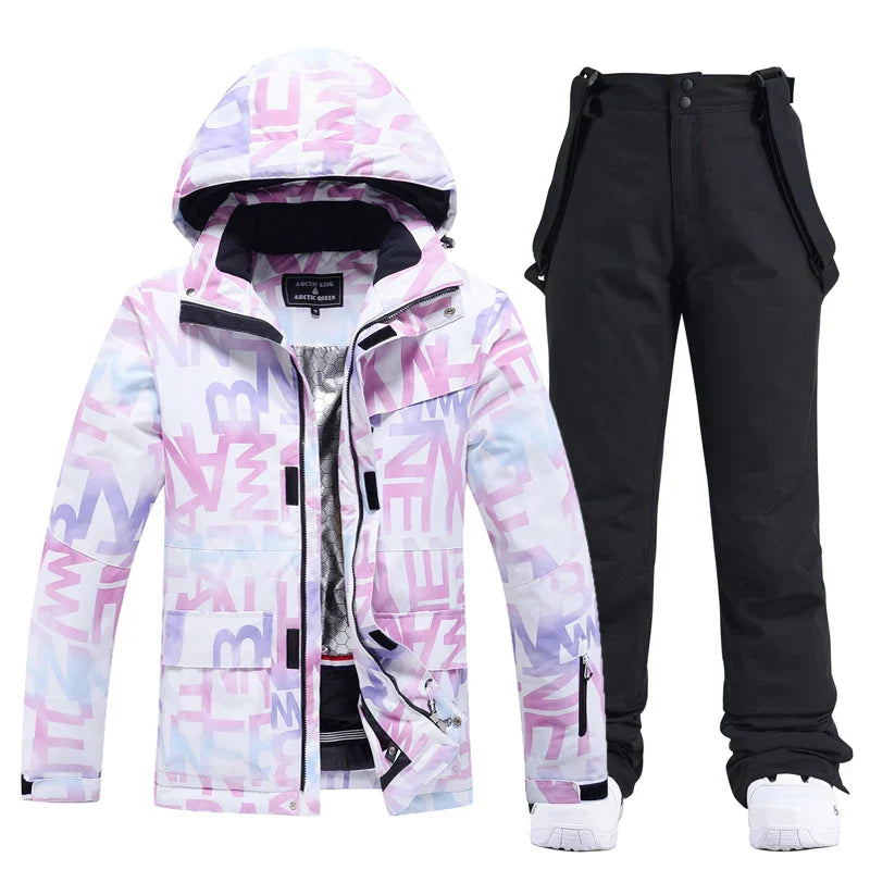 Women's waterproof ski suit set in bold colorblock design, windproof two-piece snow outfit for skiing