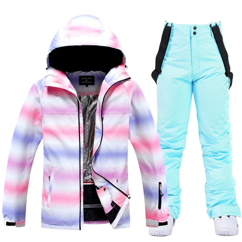 Women's waterproof ski suit set in winter sport style with moisture-proof construction for skiing