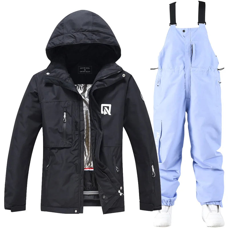 Women's waterproof ski suit with bib pants and suspenders, breathable snowboard outfit for cold weather