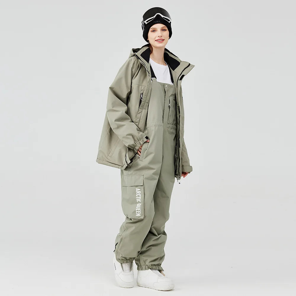 Women's waterproof ski suit with bib pants and suspenders, breathable snowboard one-piece for cold weather