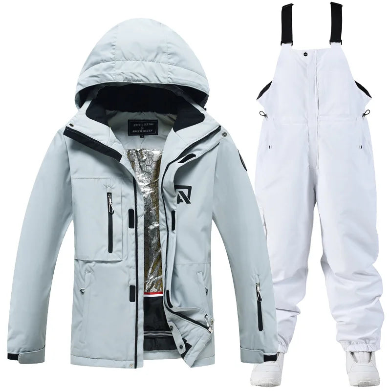 Women's waterproof ski suit with bib pants and suspenders, breathable snow outfit for skiing