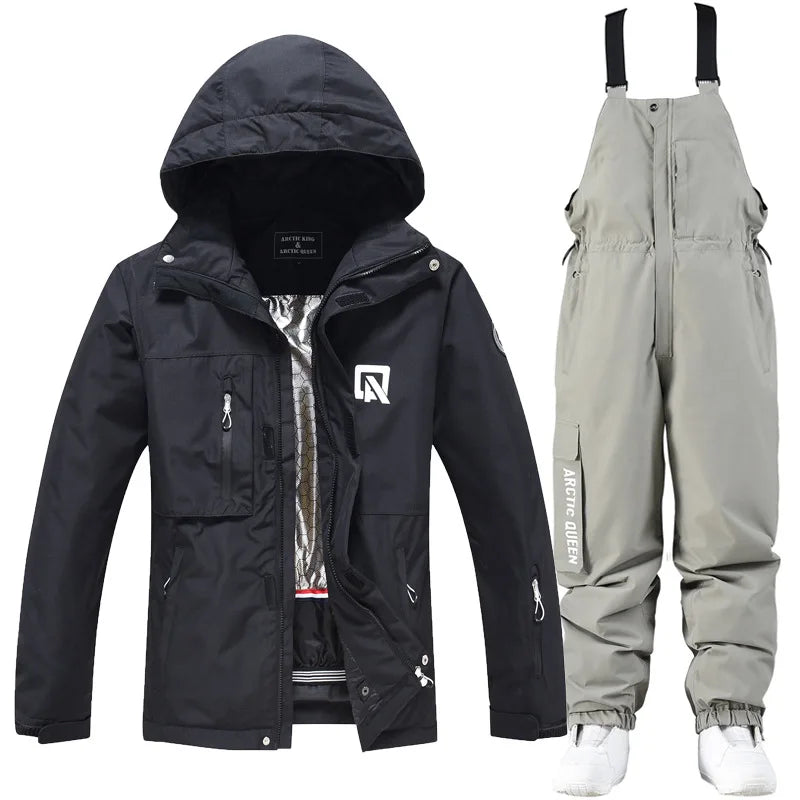 Women's waterproof ski suit with bib pants and suspenders, breathable lightweight design for skiing