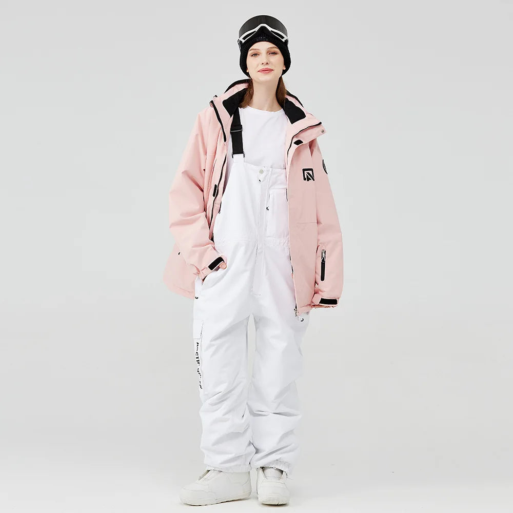 Women's waterproof ski suit with bib pants and suspenders, breathable snowboard outfit for cold weather