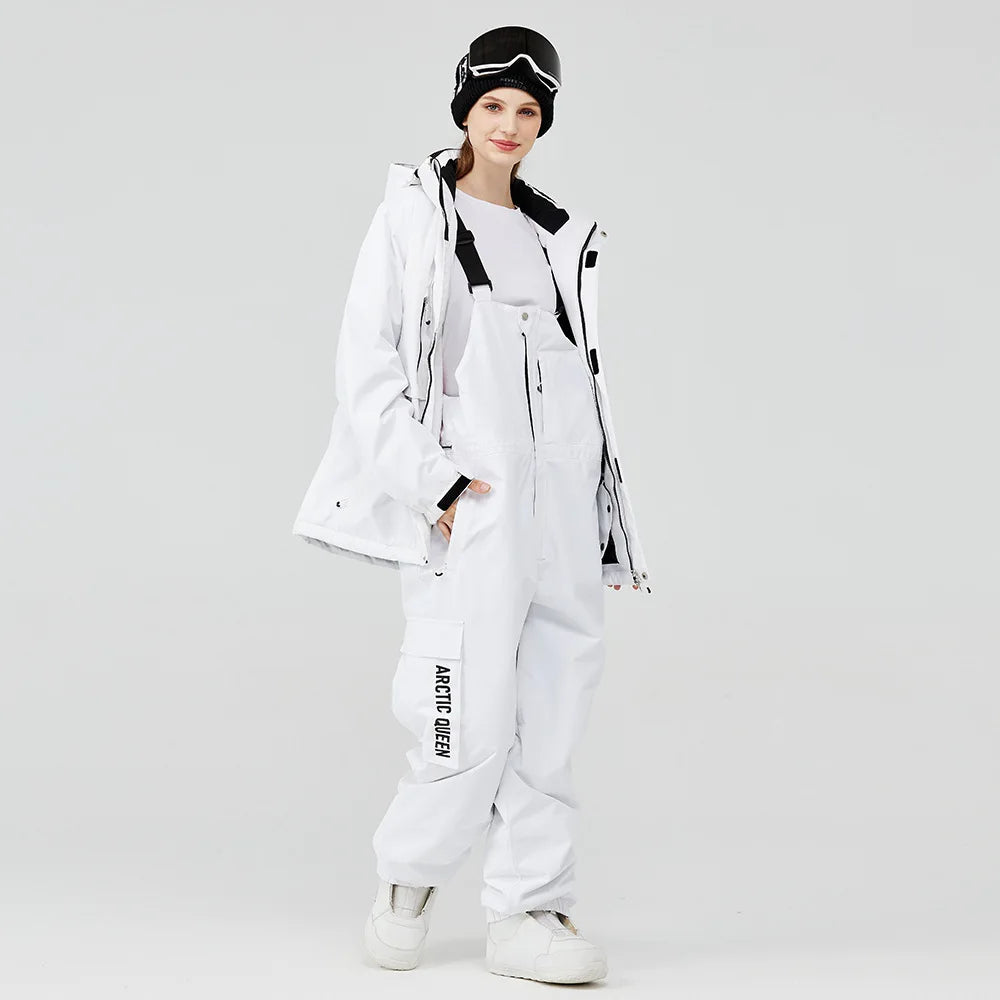 Women's waterproof ski suit with bib pants and suspenders, breathable lightweight design for skiing