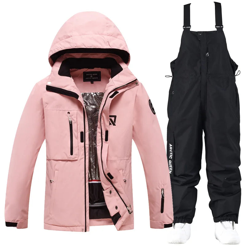 Women's waterproof ski suit with bib pants and suspenders, breathable lightweight design for skiing