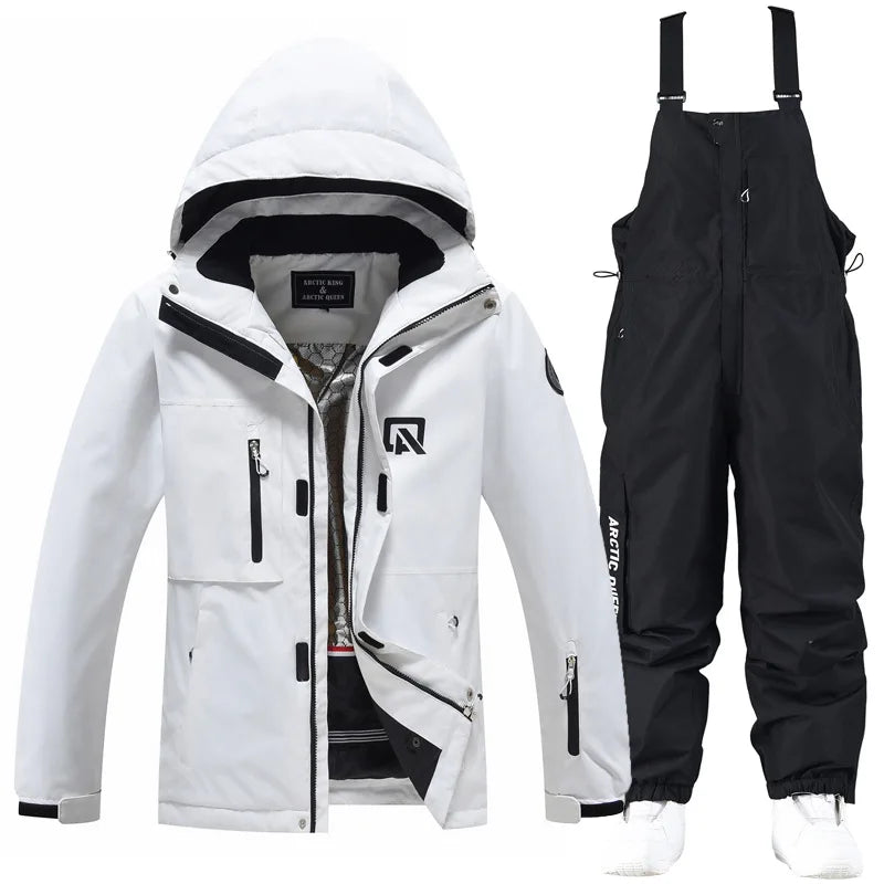 Women's waterproof ski suit with bib pants and suspenders, breathable snowboard one-piece for cold weather
