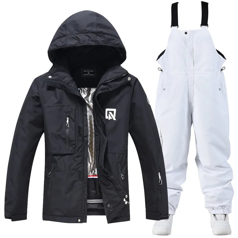 Women's waterproof ski suit with bib pants and suspenders, breathable snowboard outfit for cold weather