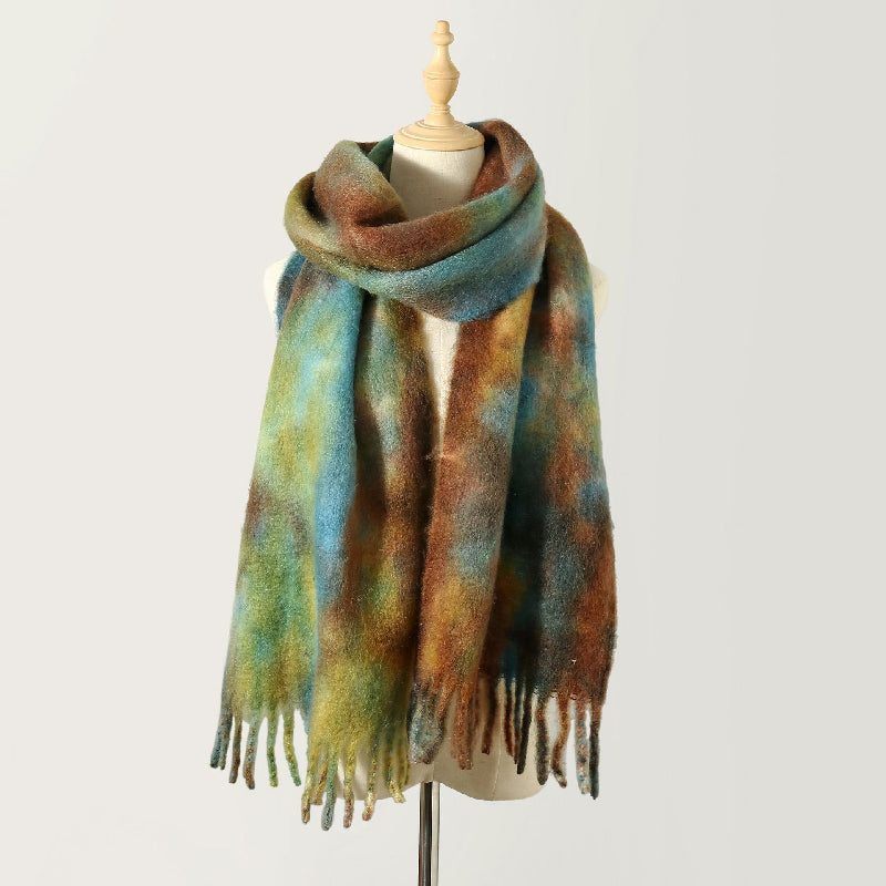 Colorful tie-dye boho shawl wrap for women, watercolor print, soft fluid drape, 200cm length
