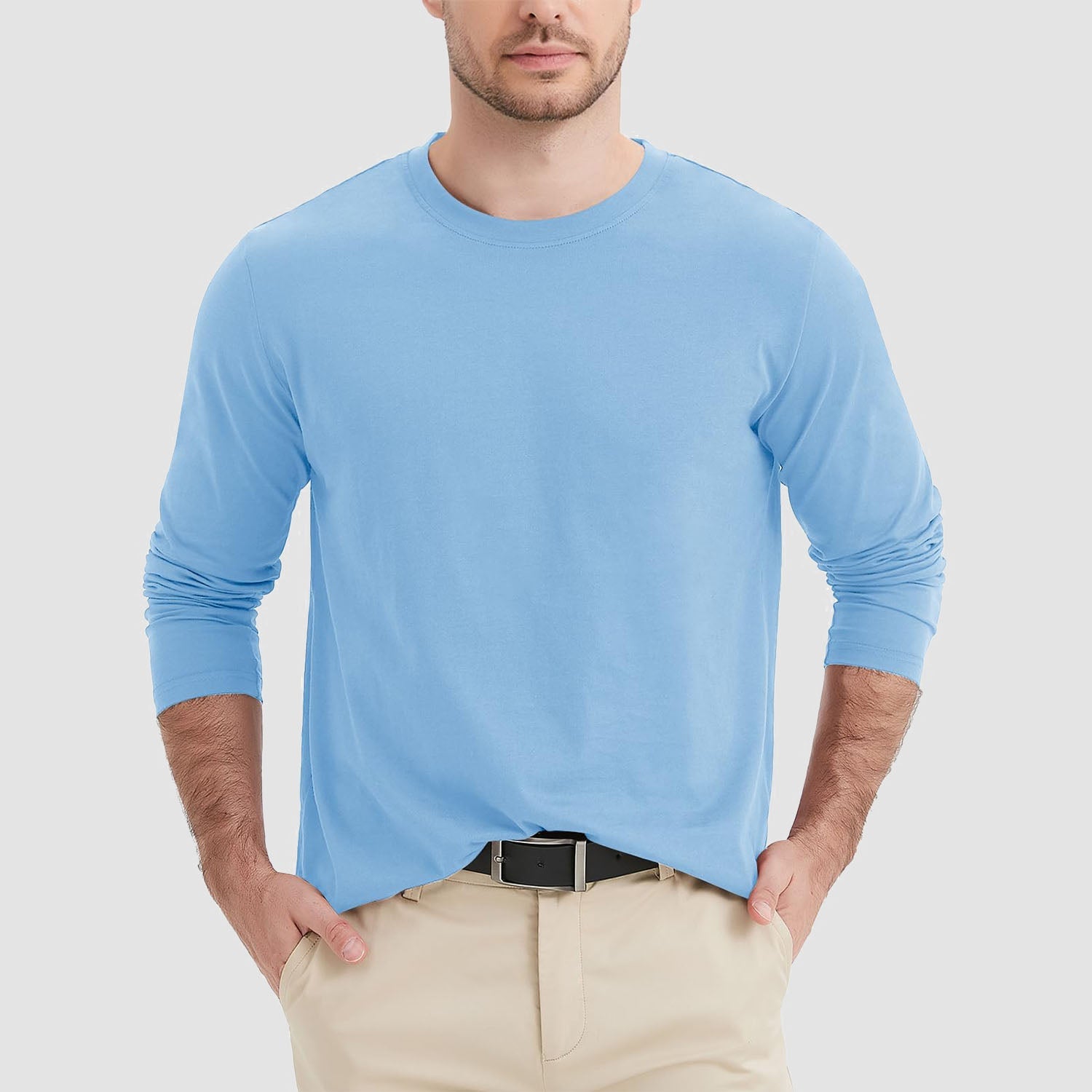Men's breathable crew neck long sleeve shirt in solid cotton, moisture-wicking comfort fit for daily wear