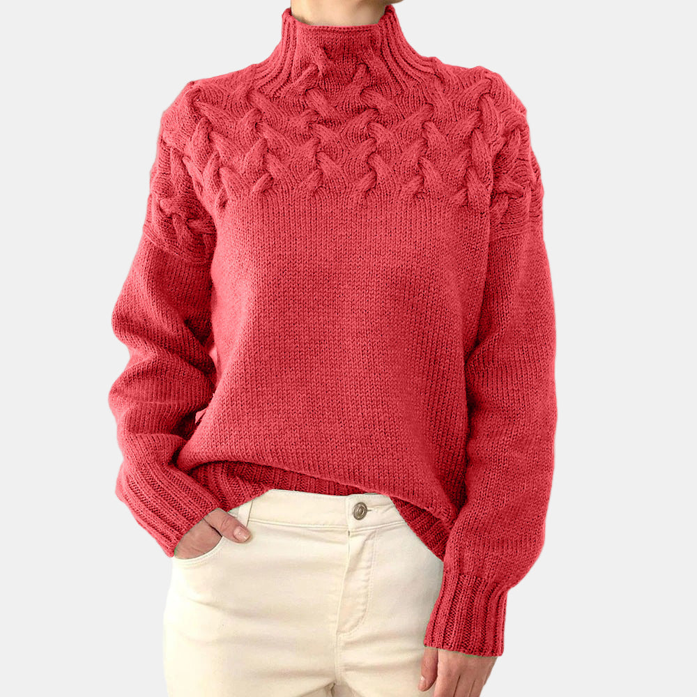 Women's cream cable knit turtleneck sweater relaxed fit with raised texture bodice detailing