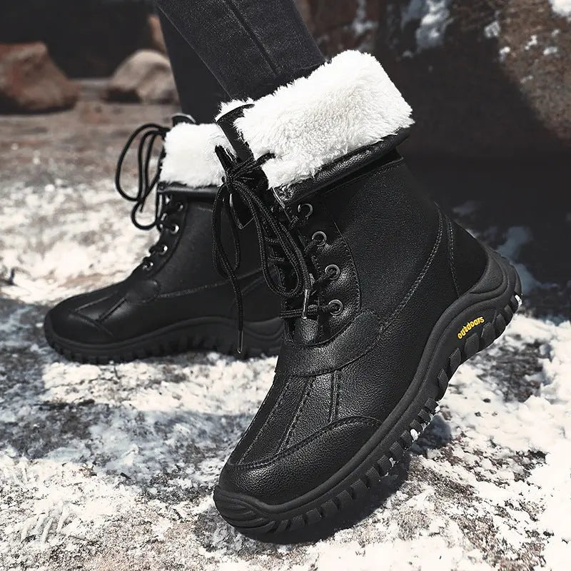 Women's waterproof fleece-lined boots, brown synthetic leather, cozy pull-on style with durable winter sole