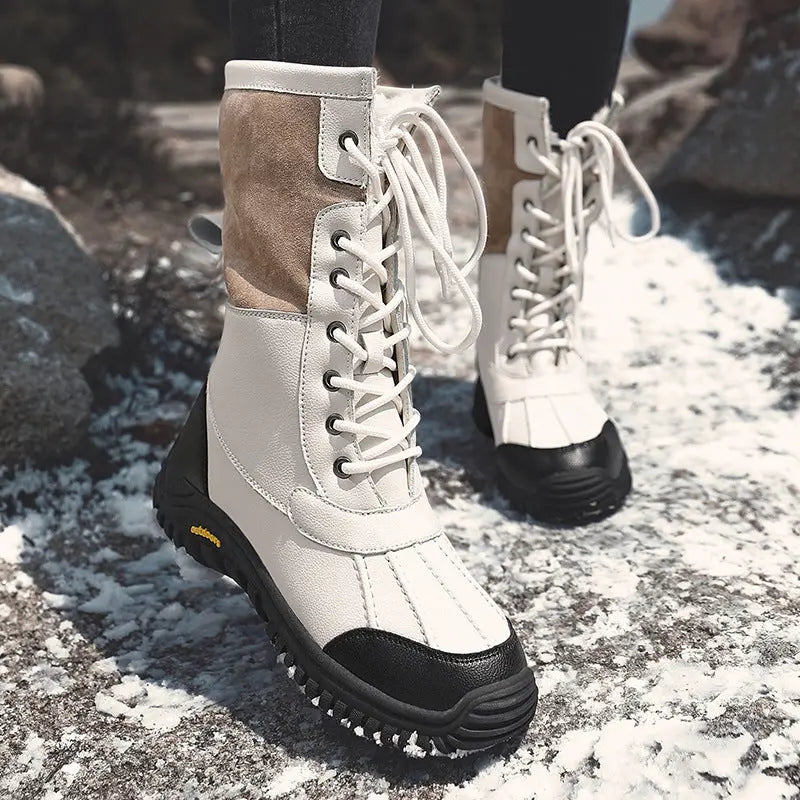 Women's waterproof fleece-lined boots, brown synthetic leather, cozy winter style with slip-on silhouette