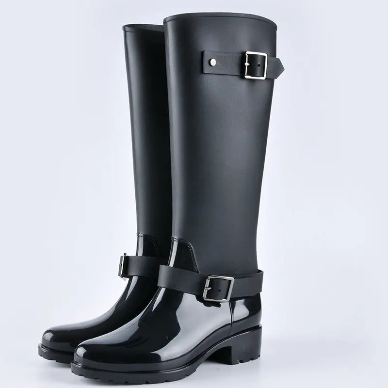 Women's waterproof high boots black glossy finish with decorative buckles British-inspired everyday chic