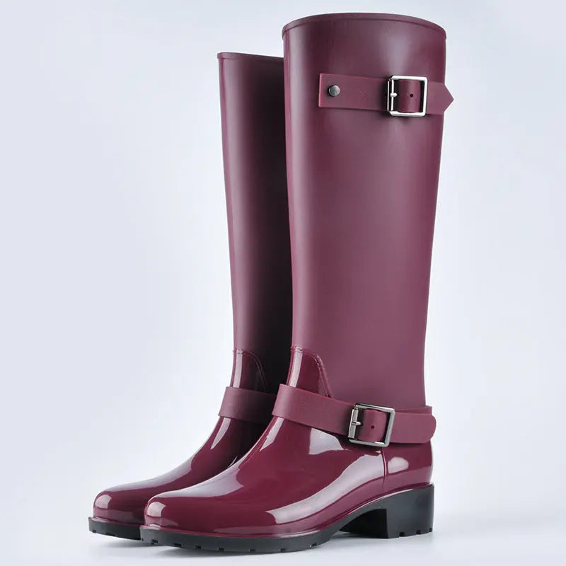 Women's waterproof high boots black elegant buckled design rain-ready knee-high fashion