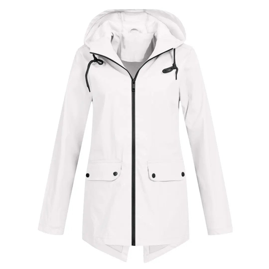 Women's waterproof long rain jacket sleek chic silhouette full weather protection stylish outerwear