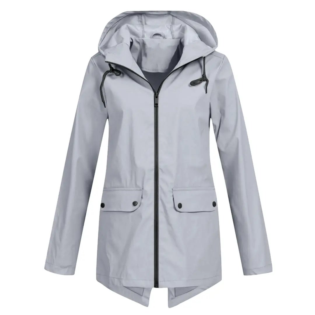 Women's waterproof long rain jacket sleek chic silhouette full weather protection stylish fit