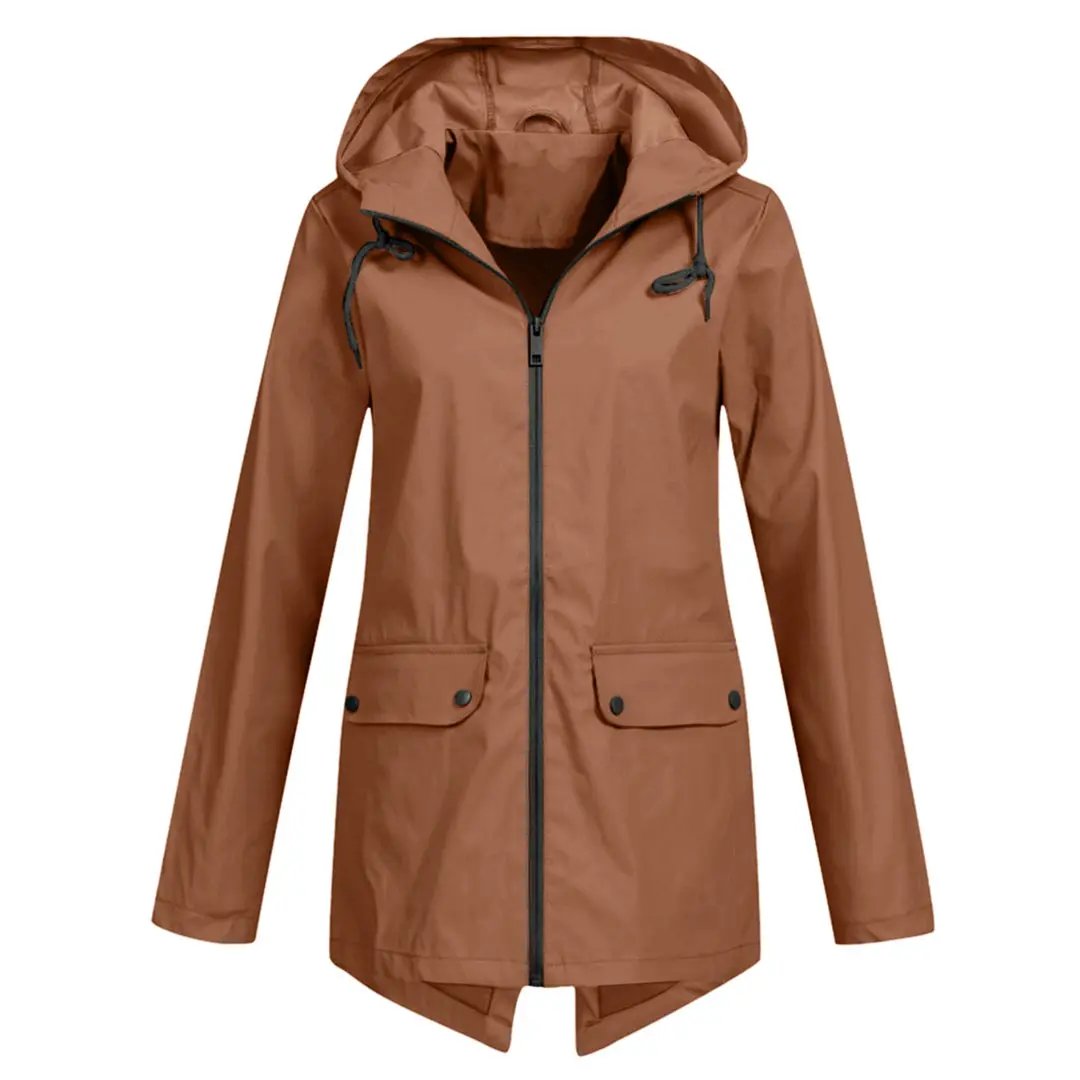 Women's waterproof long jacket sleek silhouette full rain protection stylish chic all-weather coat