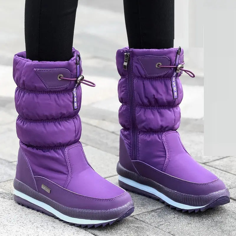Women's waterproof mid-calf winter boots with cozy velvet lining, non-slip sole for cold weather