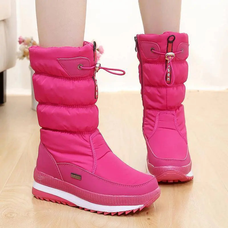 Women's waterproof mid-calf winter boots with cozy velvet lining, non-slip sole for cold weather