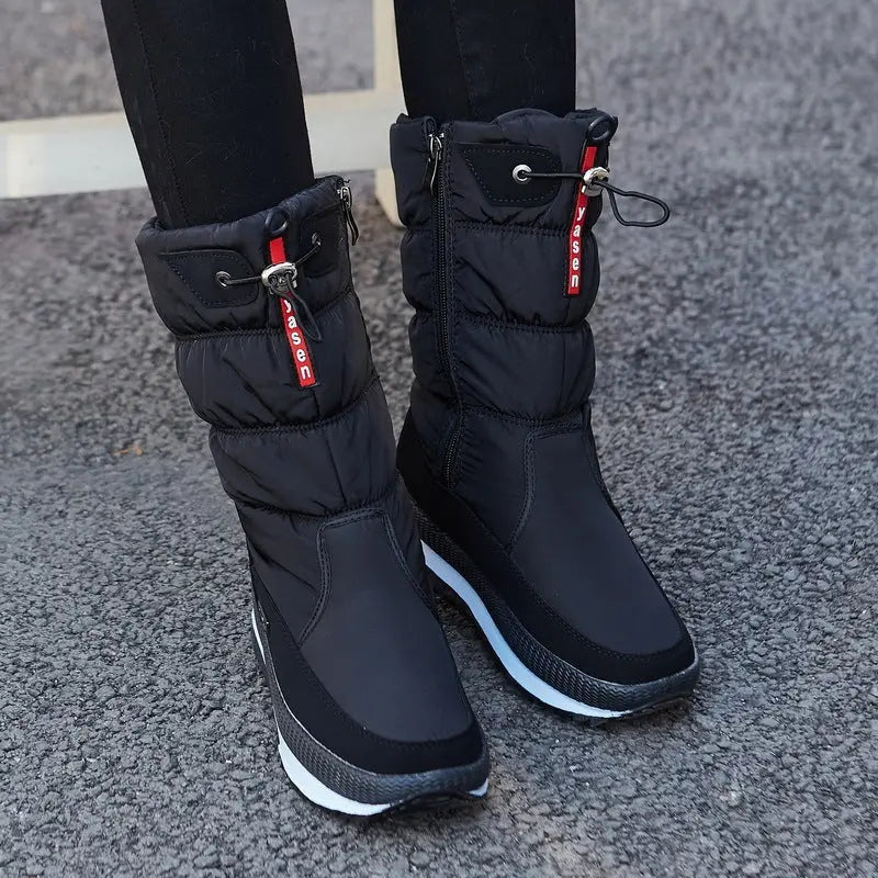 Women's waterproof mid-calf winter boots with cozy velvet lining, non-slip sole for cold weather