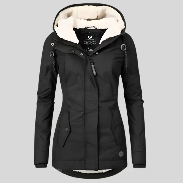 Women's waterproof rain jacket with extended hem coverage and adjustable drawcord hood in versatile style