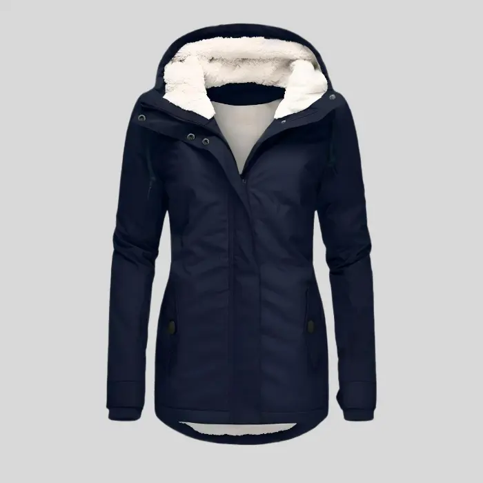 Women's waterproof rain jacket with extended hem coverage and adjustable drawcord hood in sleek style