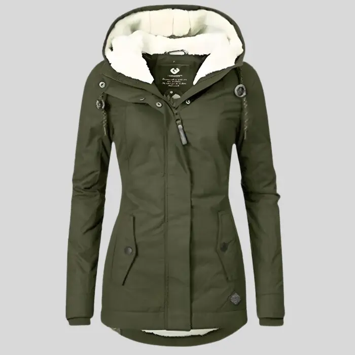 Women's waterproof rain jacket with extended hem, drawcord hood, full coverage stylish outdoor fit