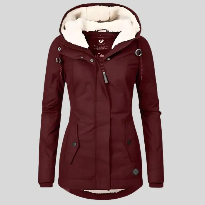 Women's waterproof rain jacket with extended hem coverage and adjustable drawcord hood in sleek style