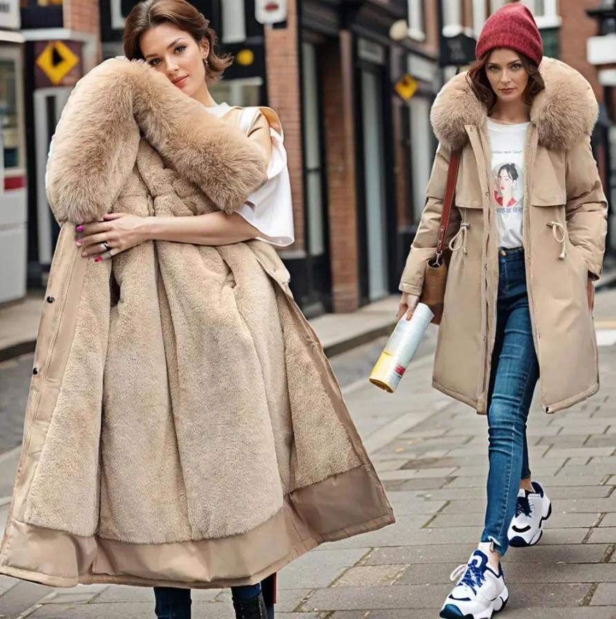 Women's waterproof winter parka with oversized lined hood, warm chic style for cold weather