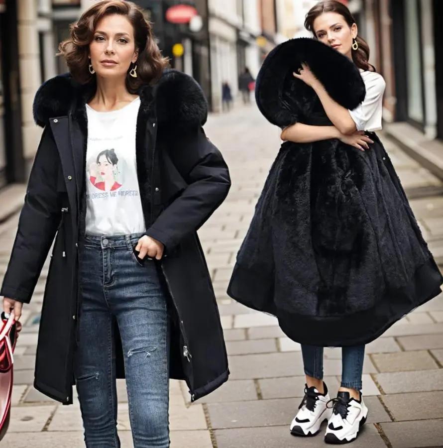 Women's waterproof winter parka with oversized lined hood, stylish cold-weather coat for all activities