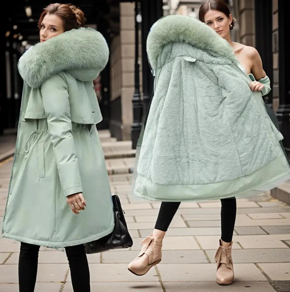 Women's waterproof winter parka with oversized lined hood, stylish cold-weather coat for all activities