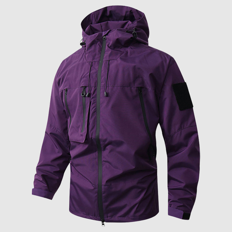 Men's navy waterproof hooded hiking jacket with sleek urban silhouette and all-weather shell