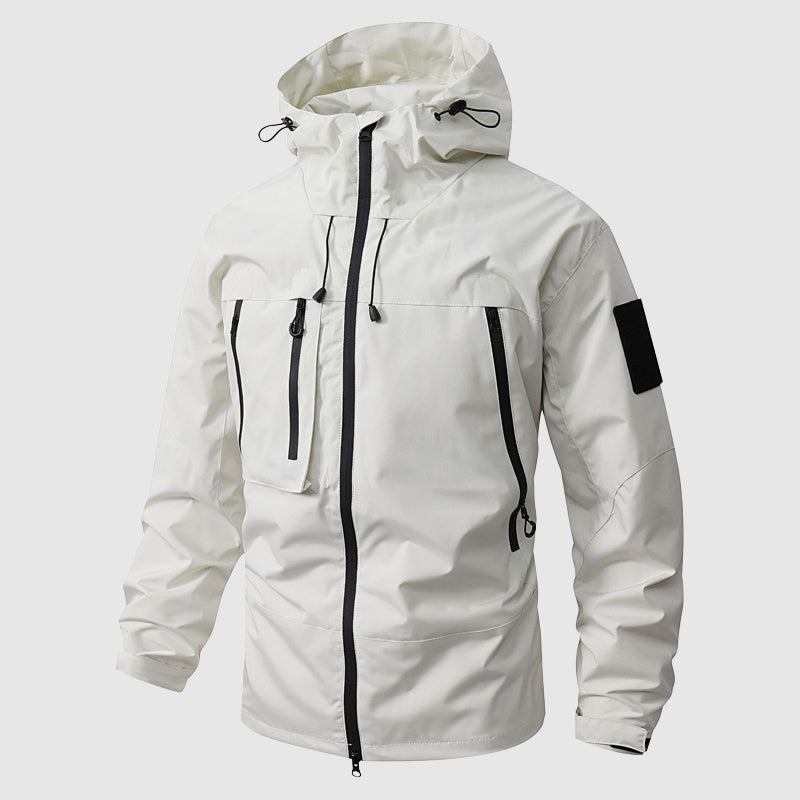 Men's dark waterproof hooded hiking jacket with sleek silhouette and all-weather windproof shell
