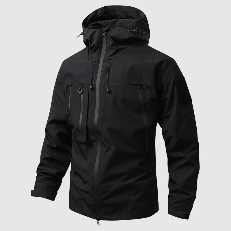 Men's dark hooded waterproof hiking jacket with sleek silhouette and all-weather windproof shell