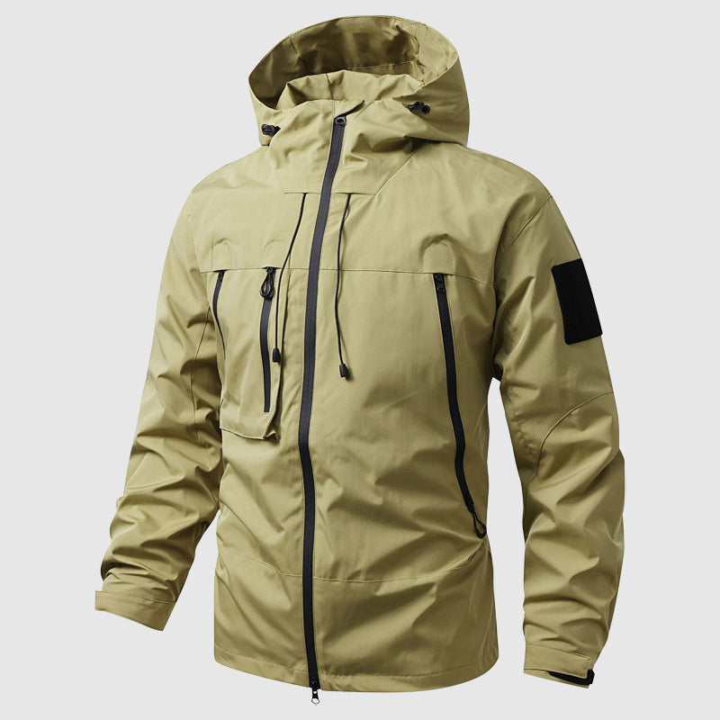 Men's dark waterproof hooded hiking jacket with sleek silhouette and all-weather windproof shell