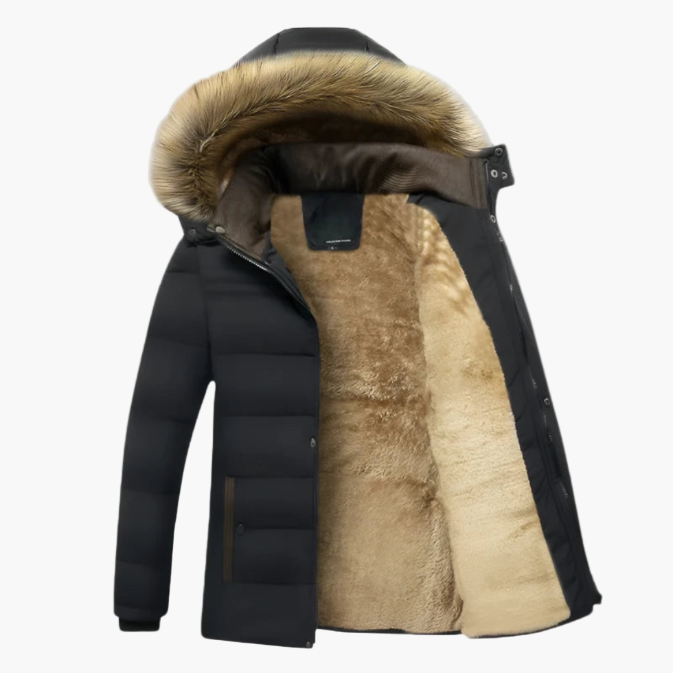 Arthur men's heavy-duty winter jacket, black fur-lined windproof coat with rugged durable shell