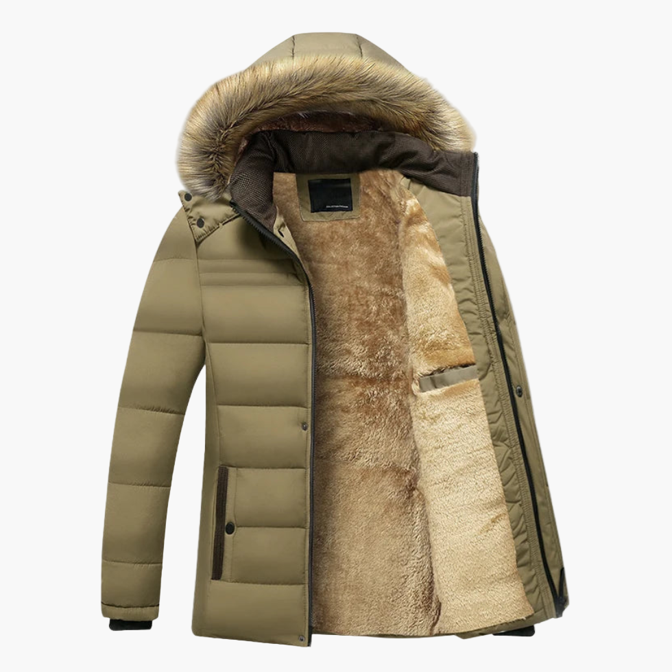 Men's heavy-duty winter jacket with fur lining, windproof outer shell, warm durable cold weather style