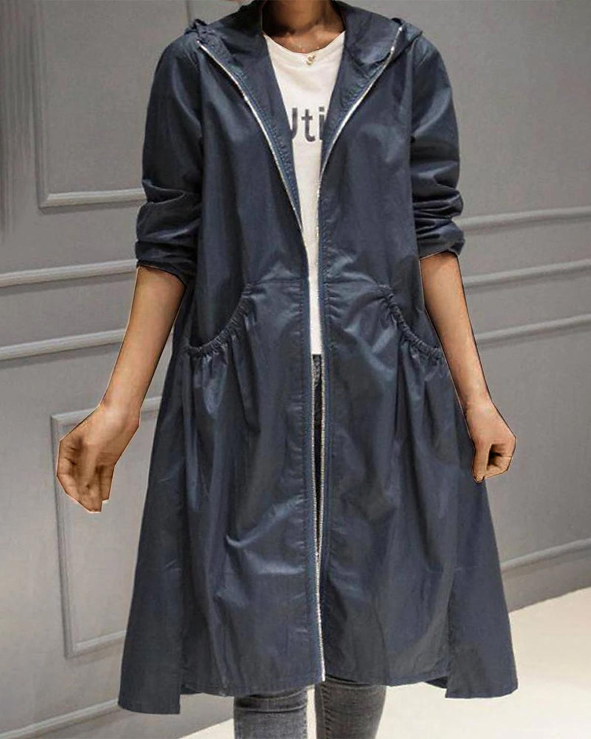 Women's waterproof long hooded trench coat all-weather winter style with polished silhouette