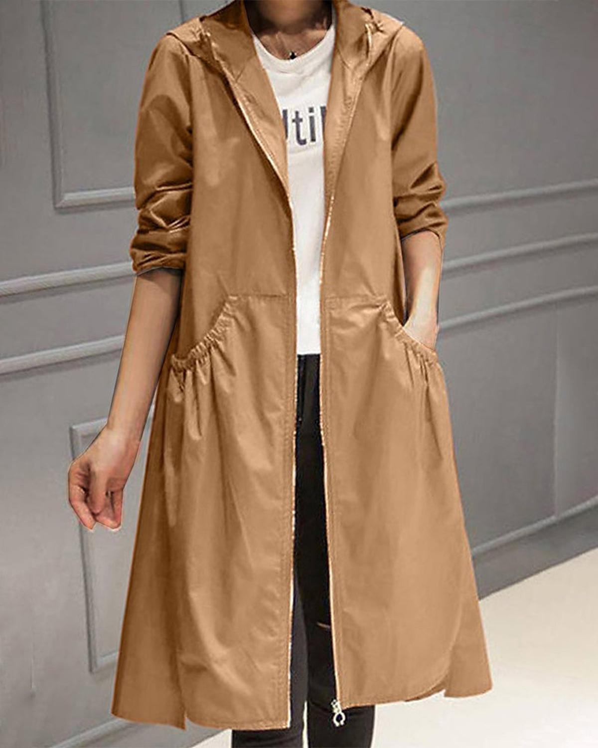Women's waterproof long hooded trench coat, sleek all-weather silhouette with full-length coverage