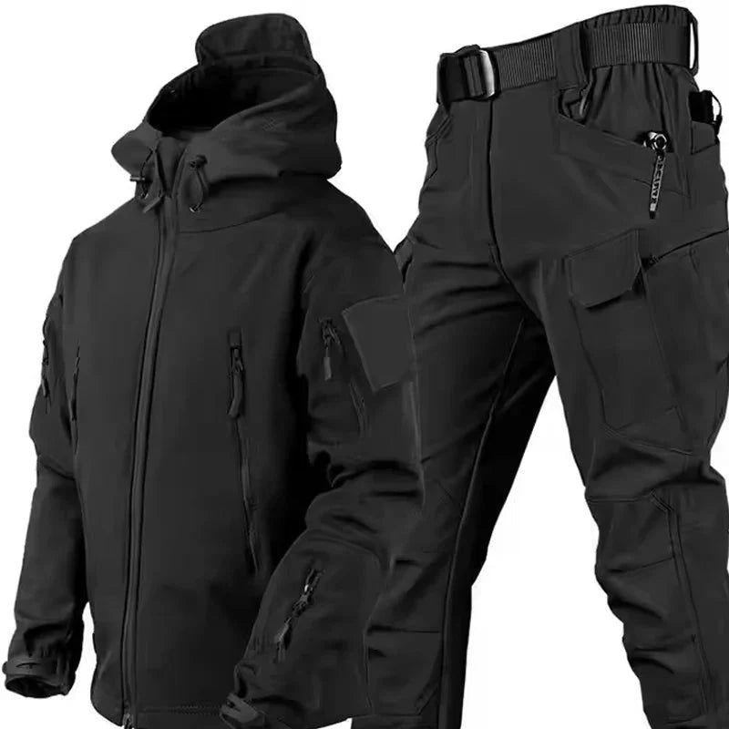 Men's waterproof tactical jacket and cargo pants set, soft-shell fleece-lined outdoor adventure suit
