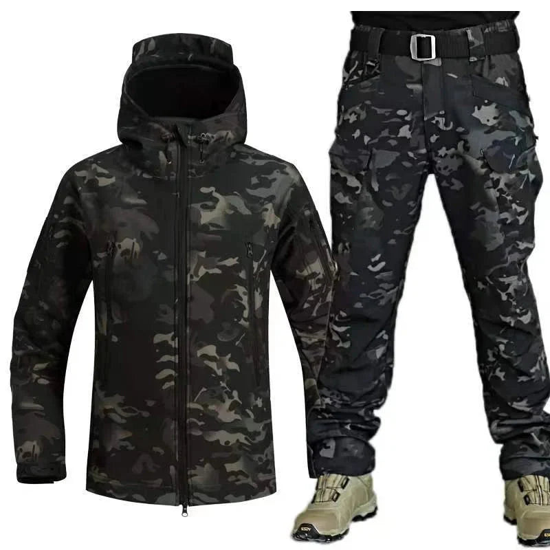 Men's waterproof tactical jacket and cargo pants set, soft-shell fleece-lined outdoor adventure suit